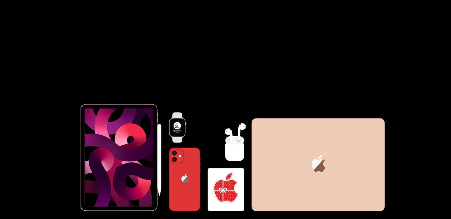 A photo of an iPad, an Apple Watch, an iPhone, an AirPods, a Mac and an Apple Gift Card.